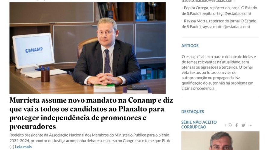 Estadão - Murrieta assume novo mandato na Conamp e diz que vai a todos os candidatos ao Planalto para proteger independência de promotores e procuradores